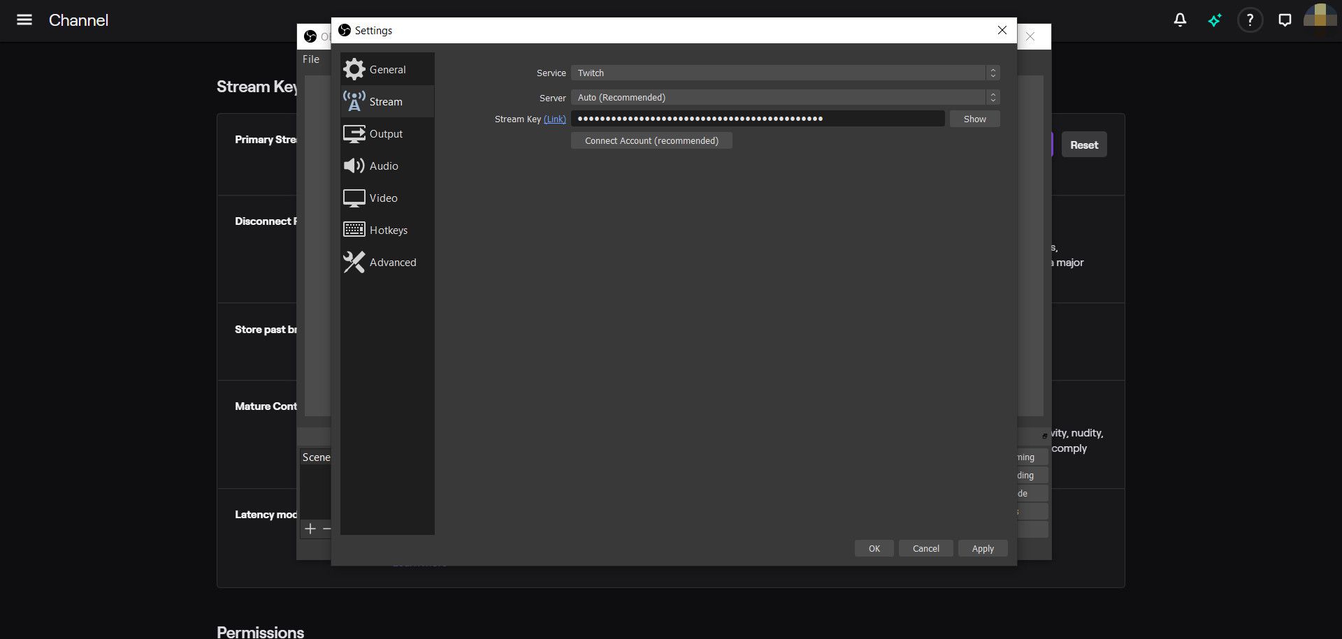 Skärmdump av en Twitch-strömnyckel in i OBS Studio