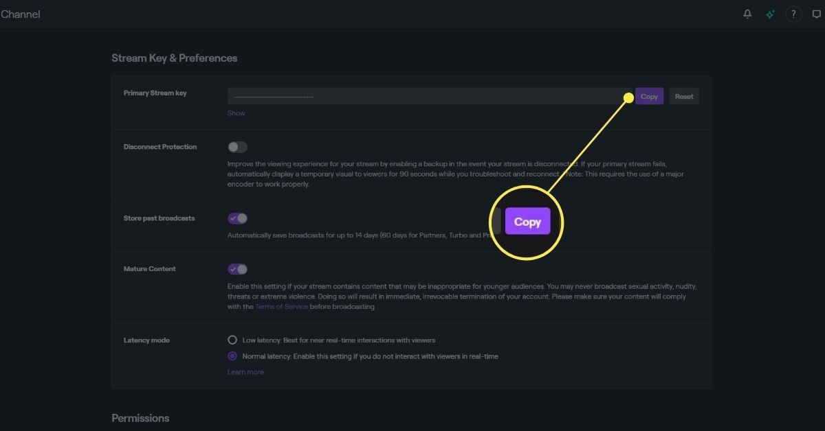 Twitch Stream Key & Preferences-fönstret