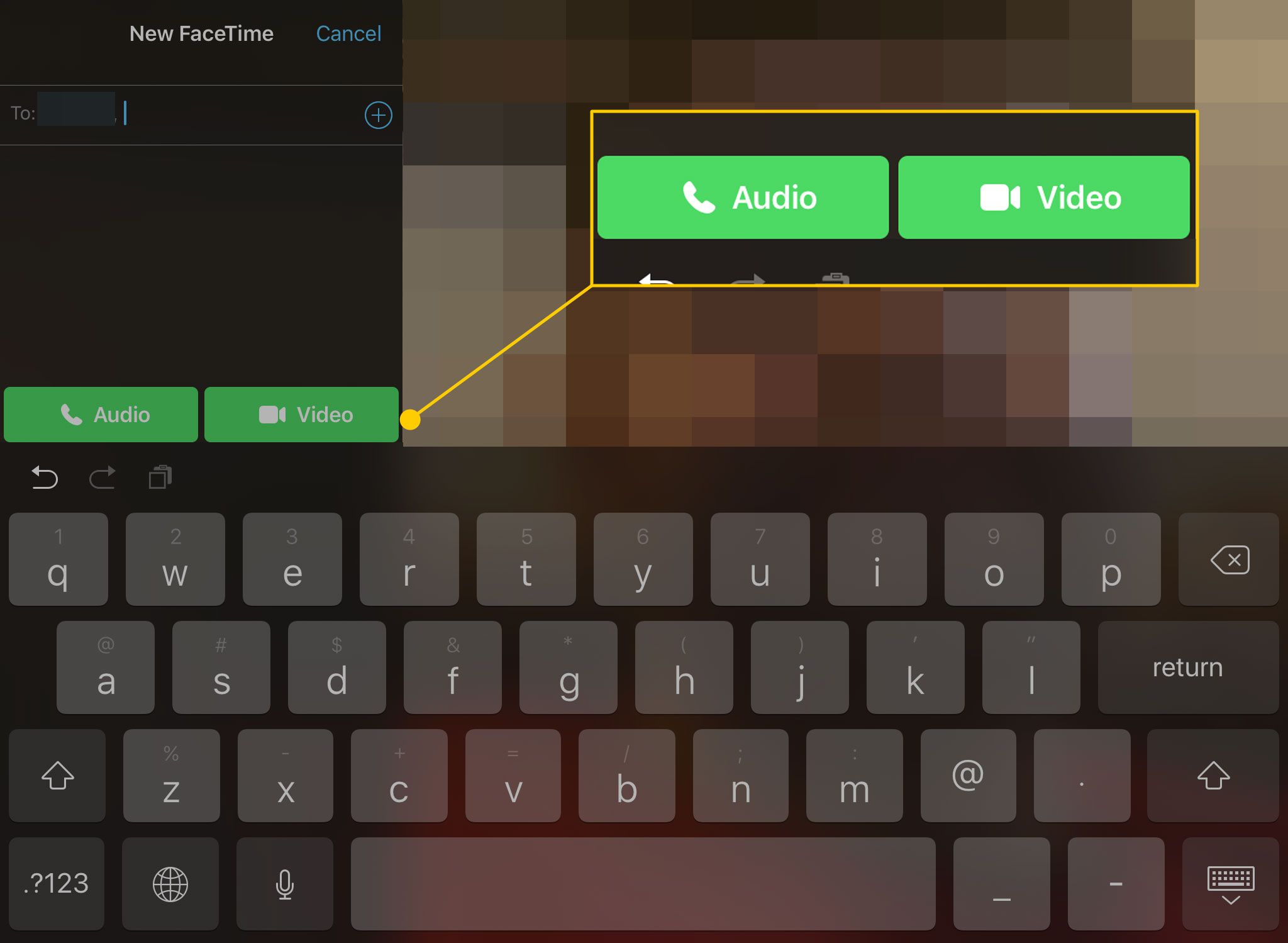 FaceTime på en iPad med ljud- och videosamtalsknapparna markerade