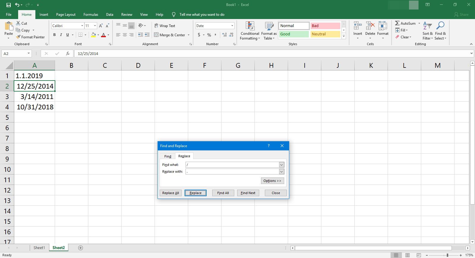 Ett exempel på att använda Sök och ersätt i Excel.