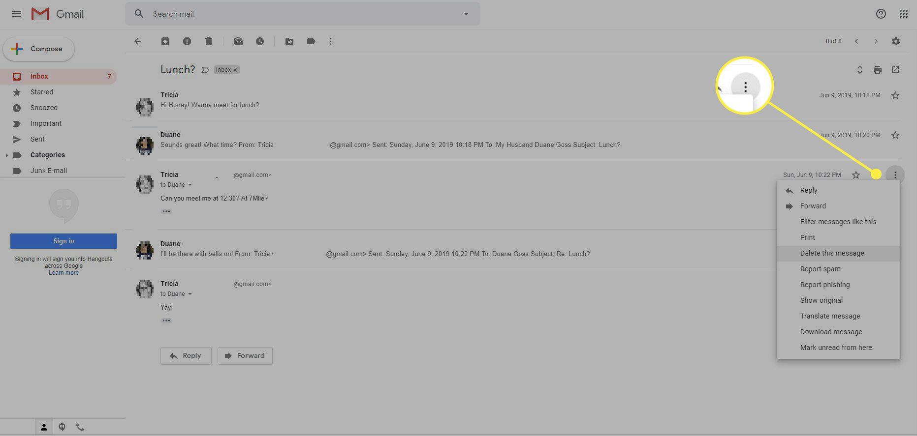 En skärmdump av Gmail med menyknappen Fler alternativ markerad