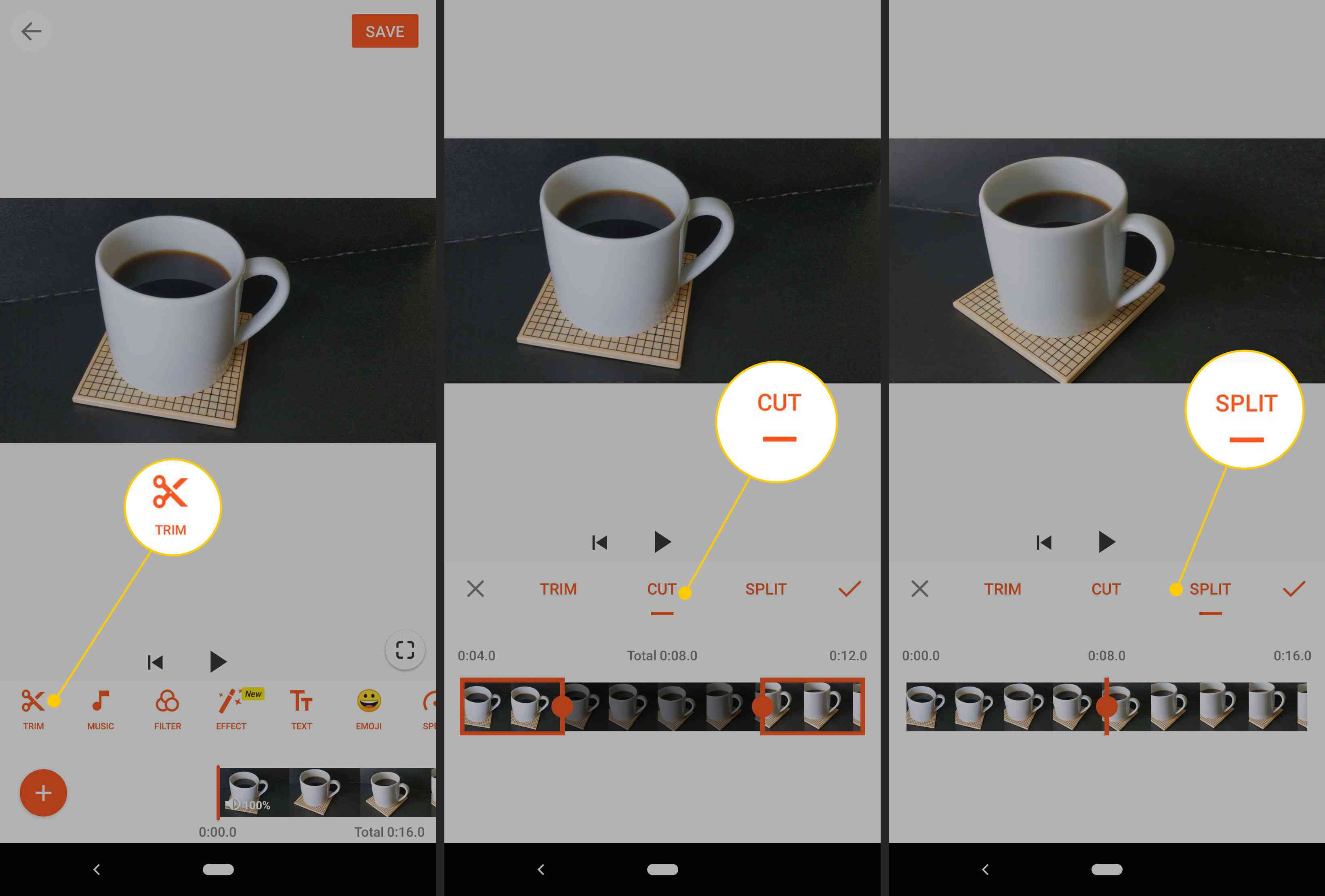 Trim, Cut, Split-knappar i Android-redigeringsvideoapp