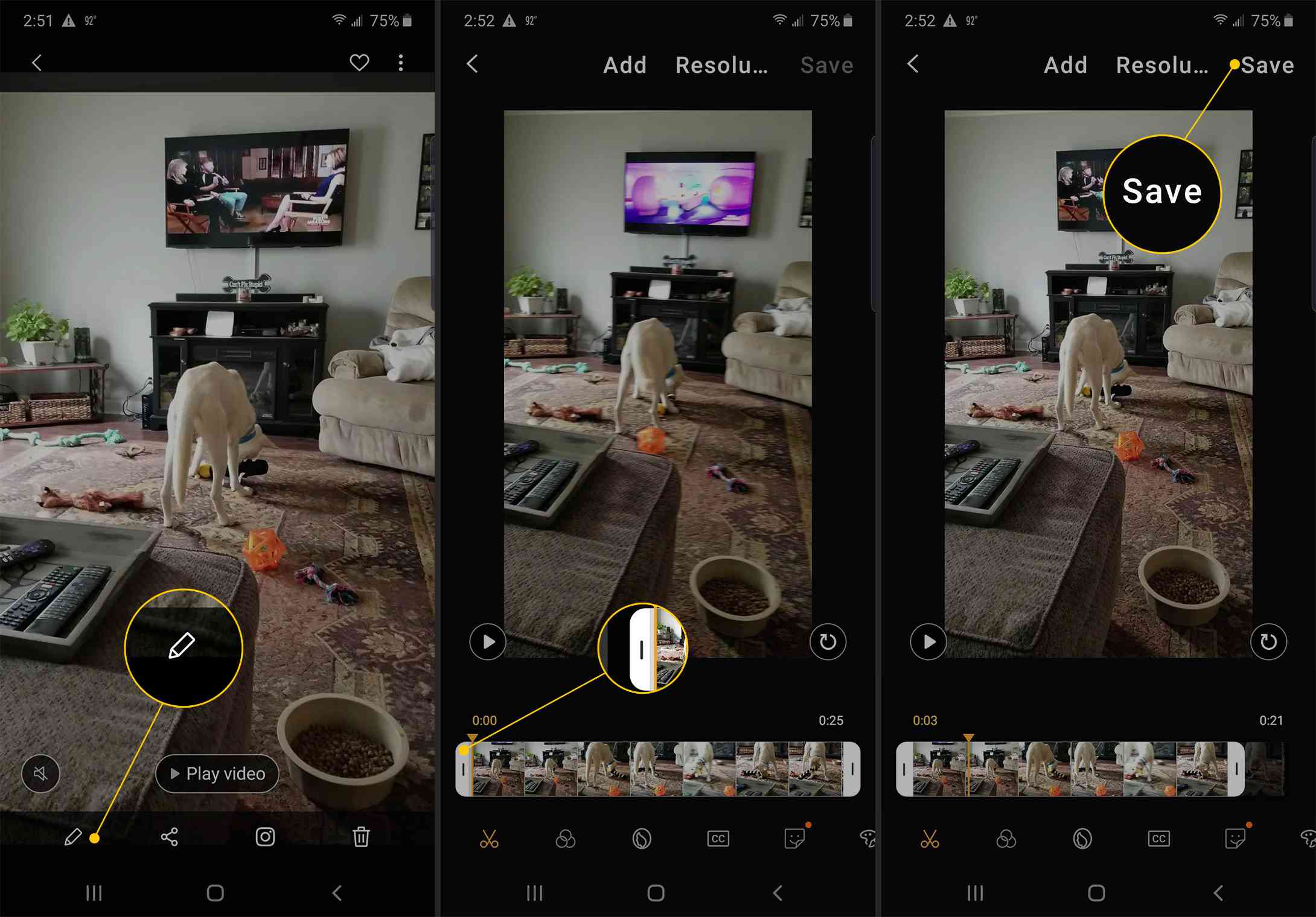 Blyertsikon, trimhandtag, Spara-knapp i Android-videoredigering