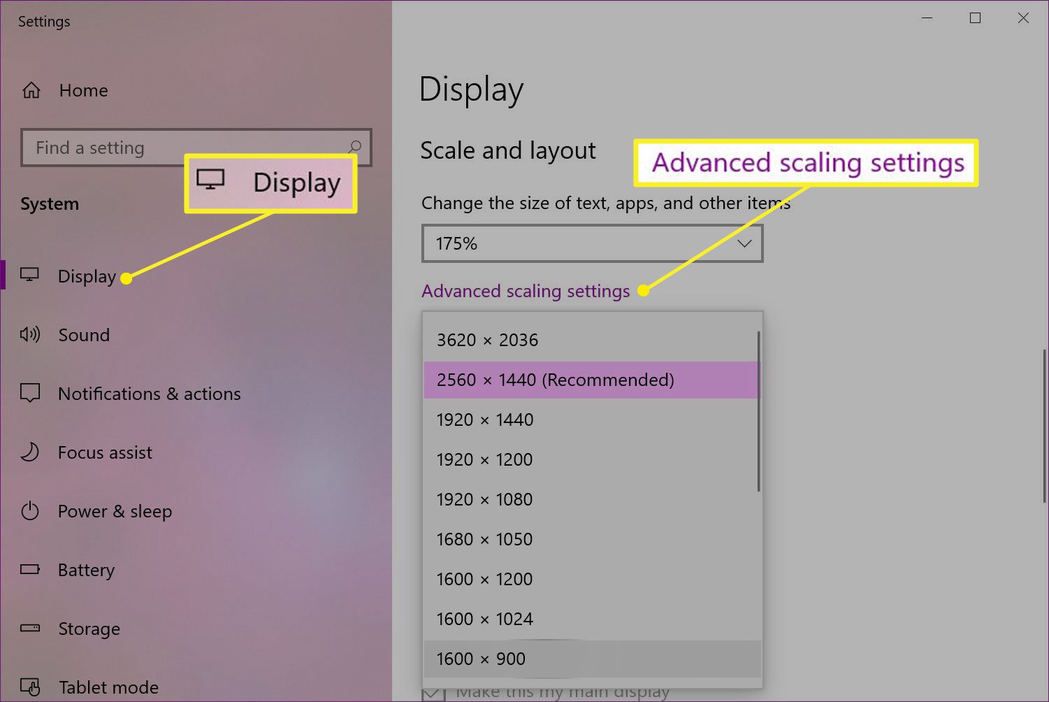 Windows-skärminställningar med avancerade skalningsinställningar markerade