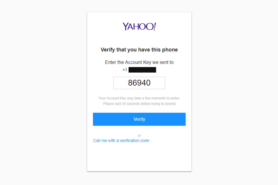 Skärmdump av nyckelsteget för Yahoo Mail-registreringsskärmen