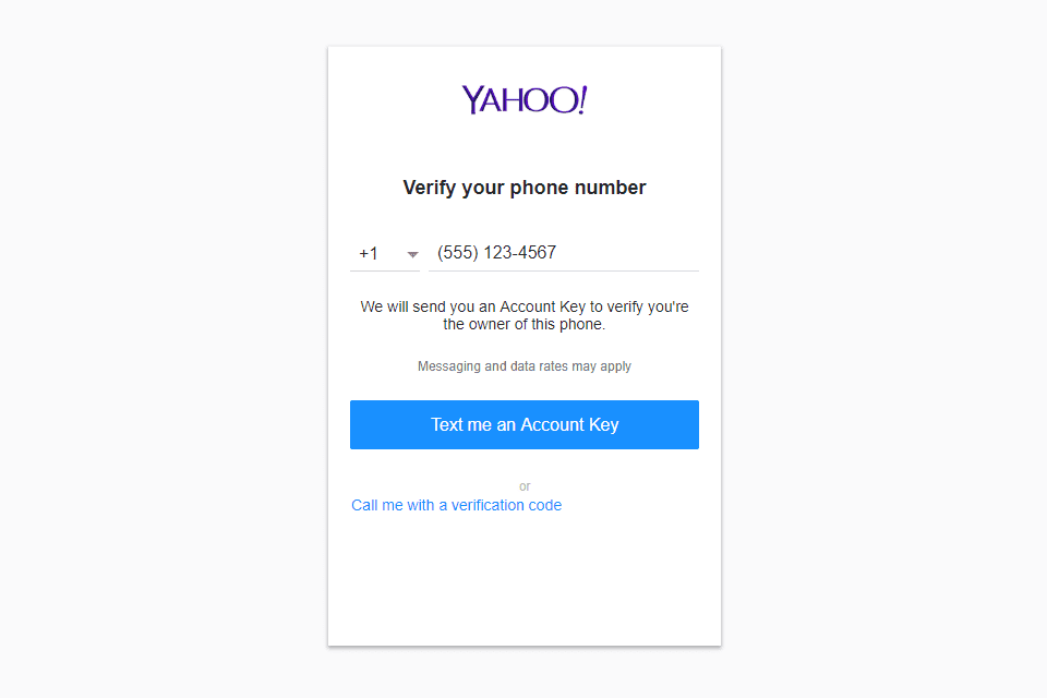 Skärmdump av Yahoo Mail-registreringsskärmen för telefonverifiering