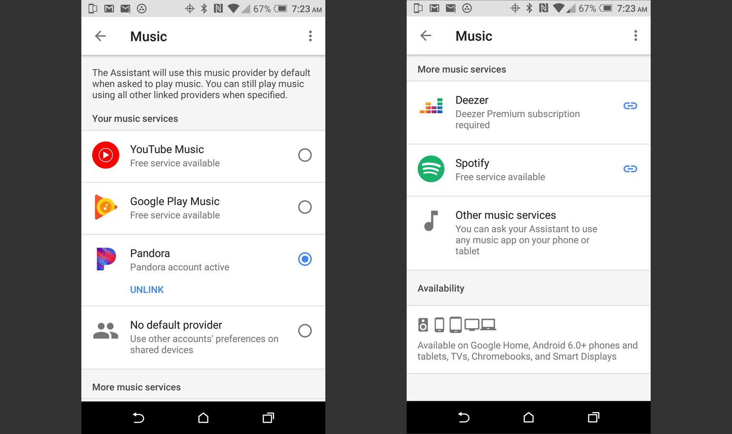 Google Home-appen - tillgängliga musiktjänster