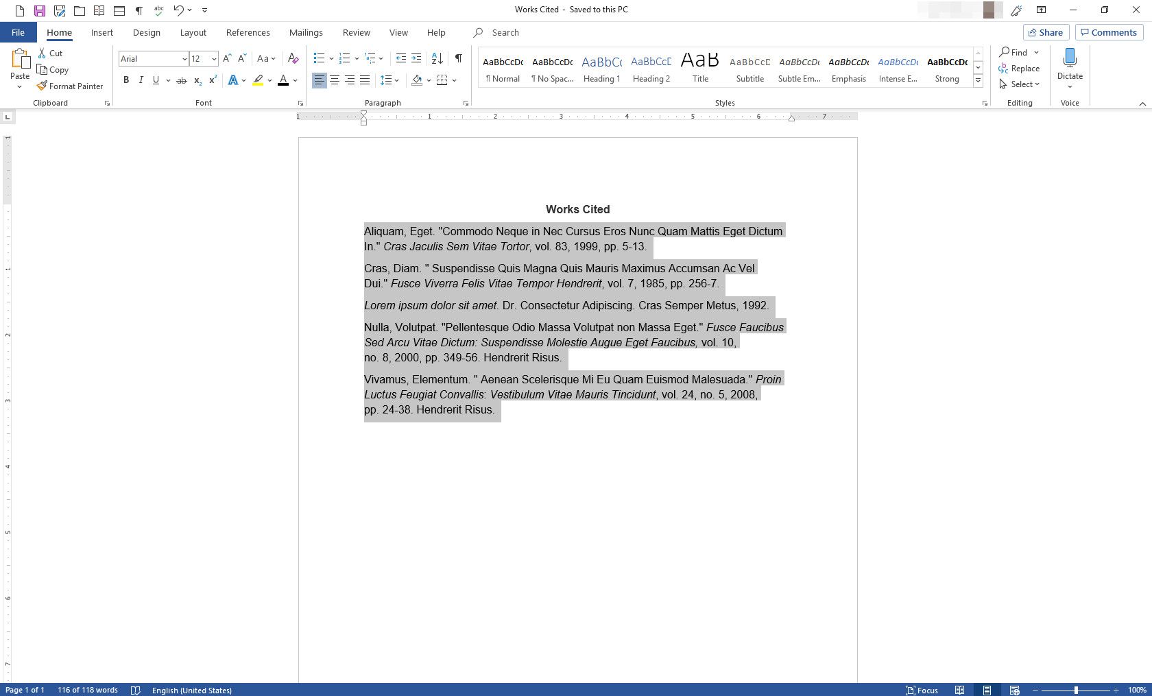 MS Word med Works Cited lista i dokument