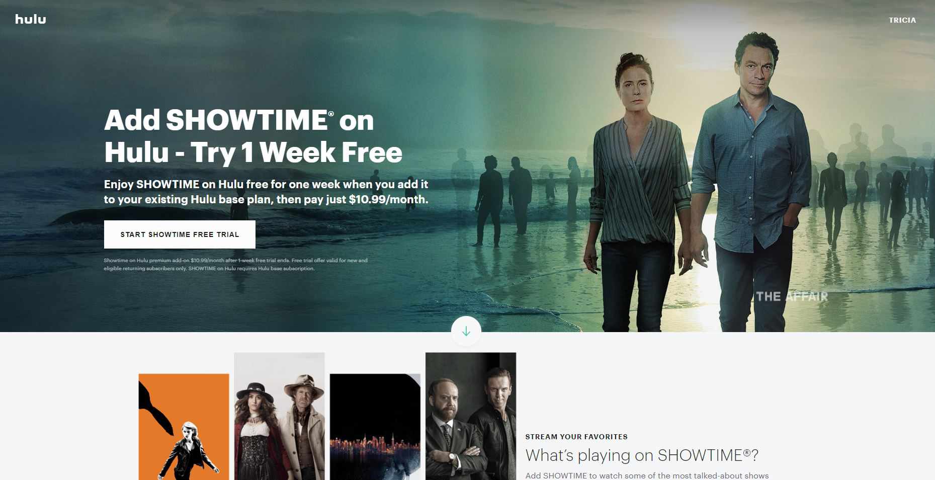 Skärmdump som visar Showtime-tillägget för Hulu