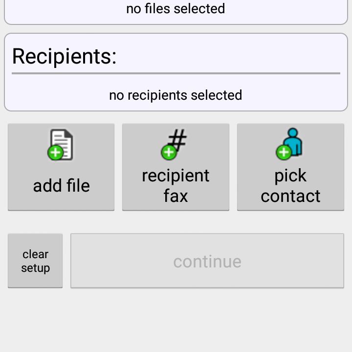 En skärmdump av FaxFile-appens huvudskärm på en Android-telefon, en HTC 710C.  Huvudskärmen visar alternativ för att ställa in ett fax: lägga till filer och välja mottagare.