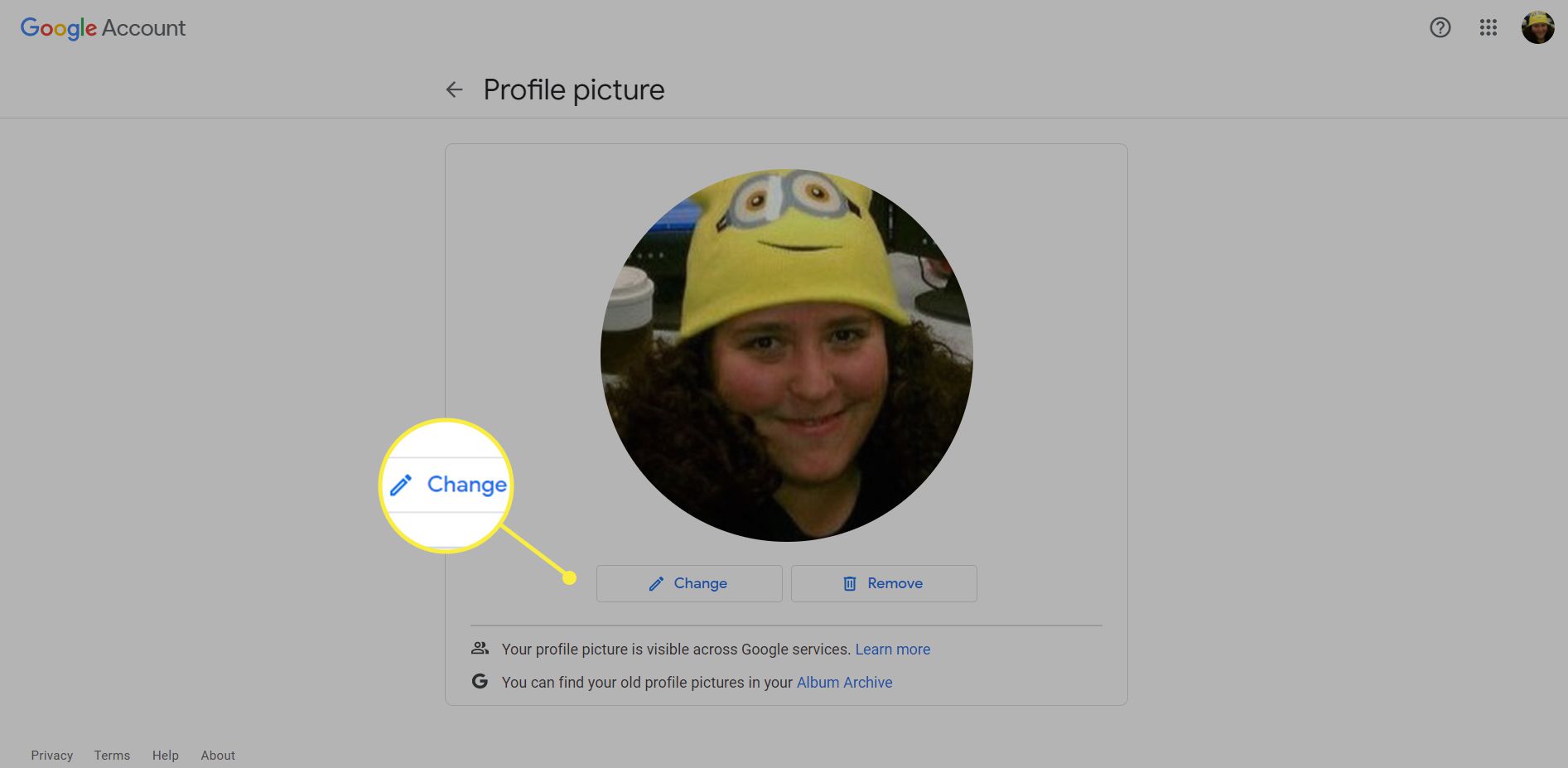 En Google-användares inställningssida för profilbild.  'Ändra' är markerat.