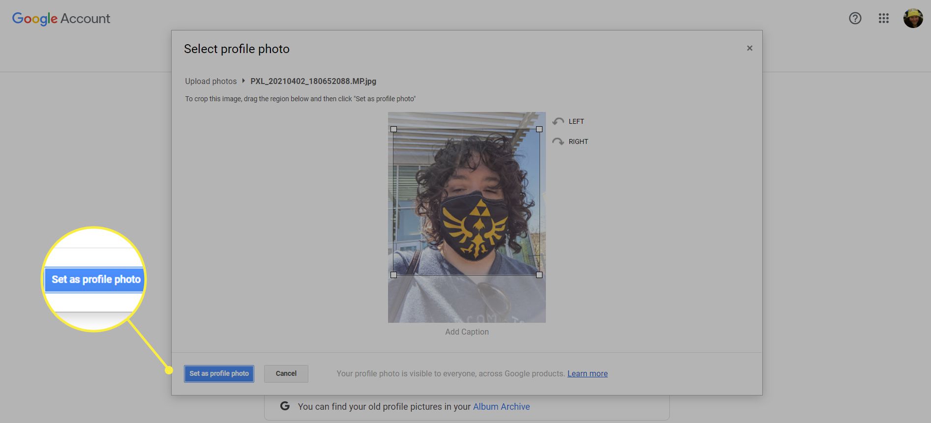 En Google-användare ändrar sin profilbild.  Knappen 'Ange som profilfoto' är markerad.