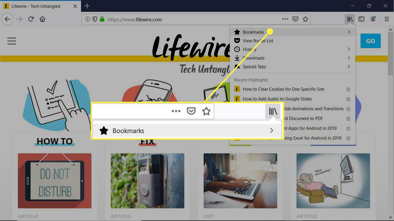Firefox-webbläsarfönster med Bibliotek-knappen och Bokmärkesalternativ markerade