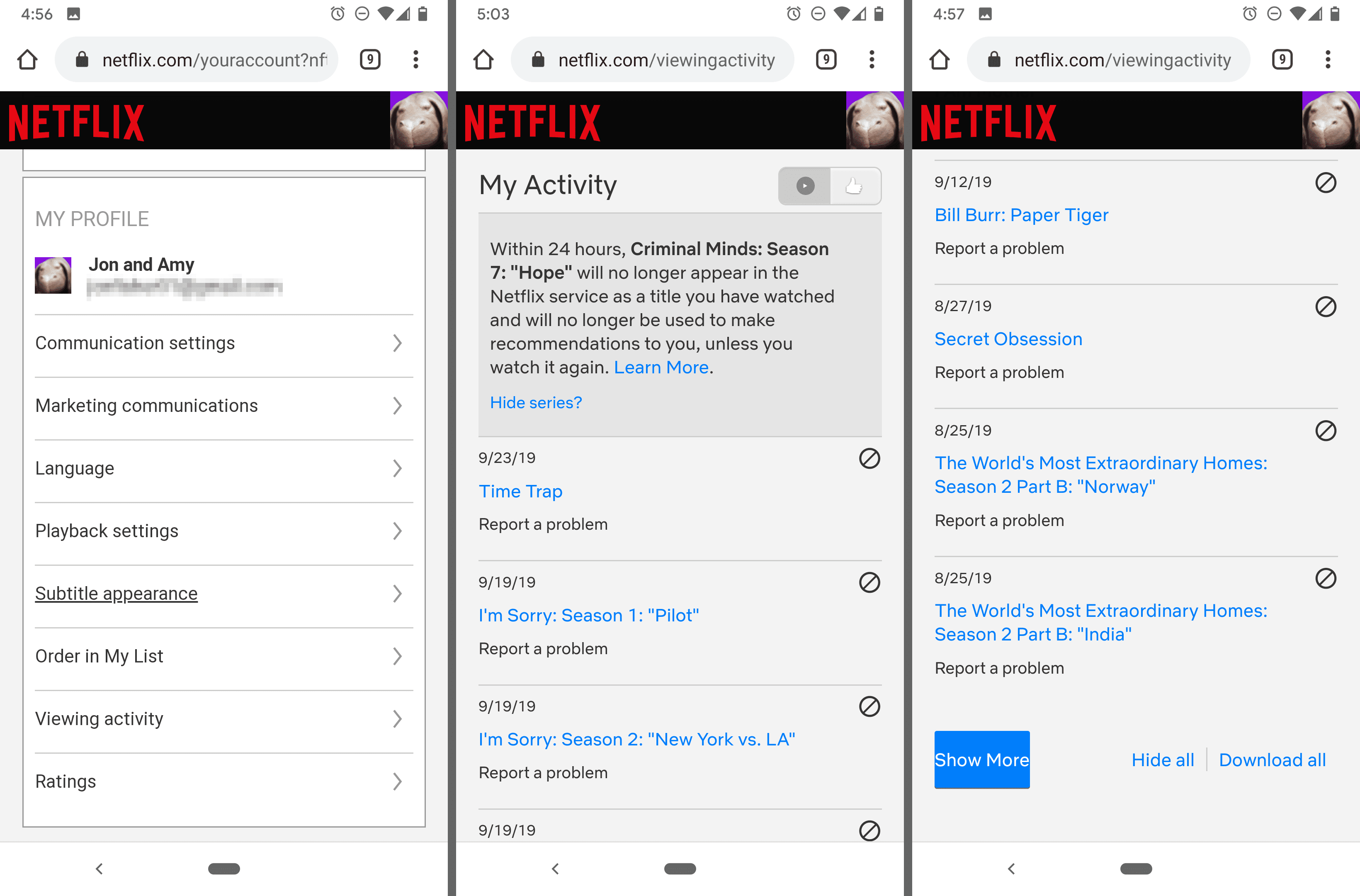 Netflix My Activity-inställningar på Chrome för Android