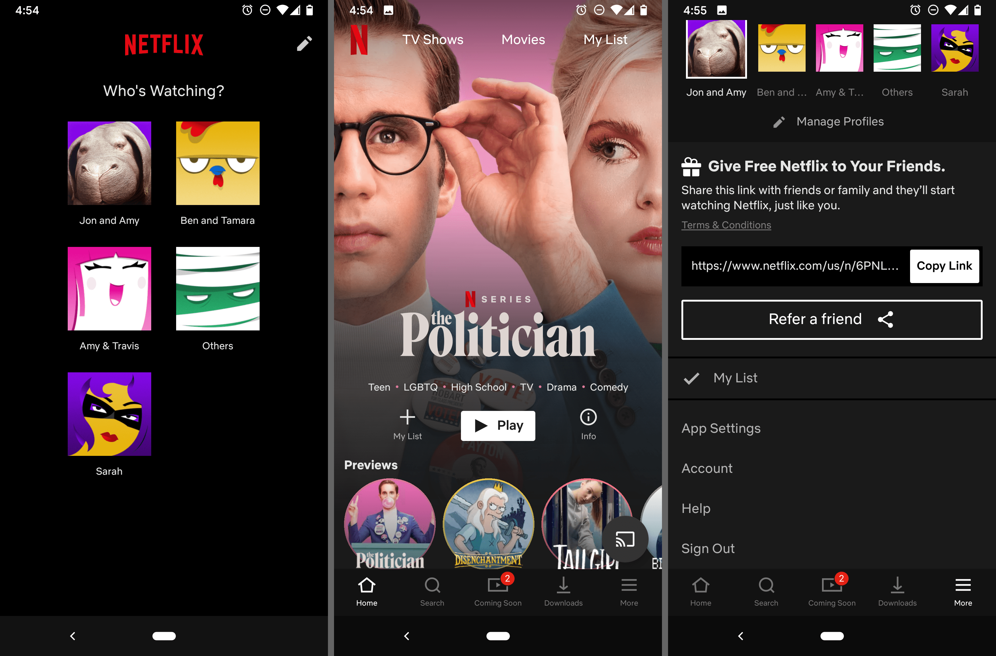 Netflix Android-appens startskärm och fler inställningsskärmar