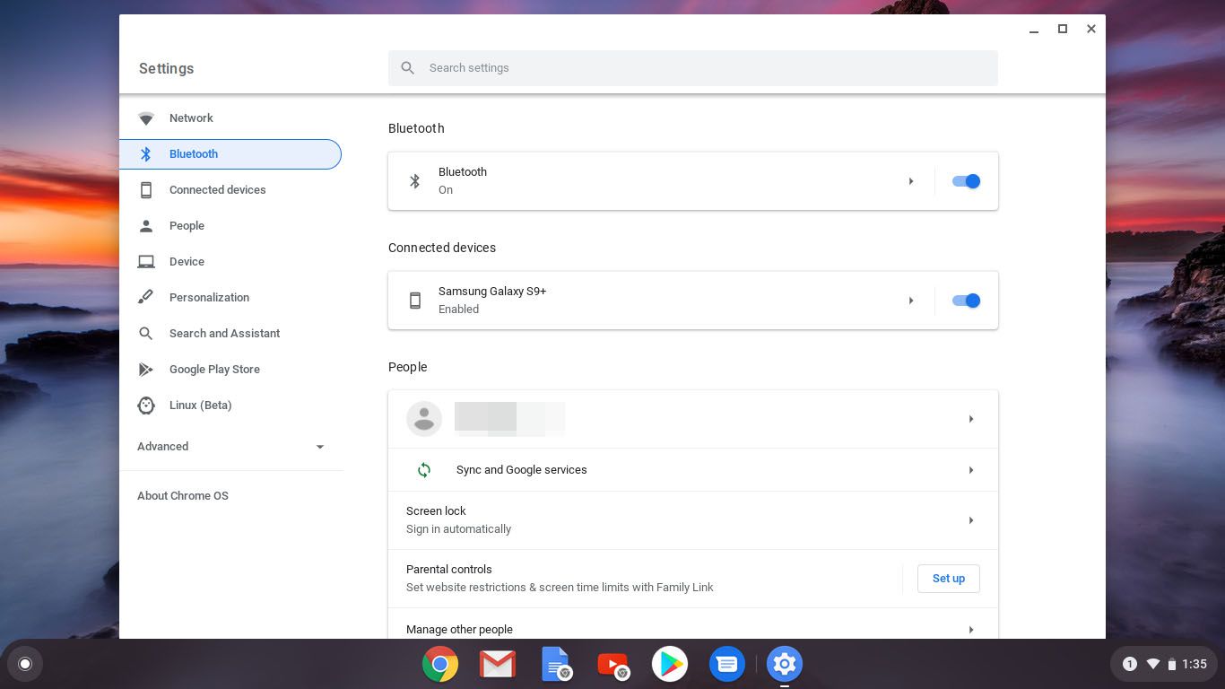 Skärmdump av Bluetooth-inställningar för Chromebook.