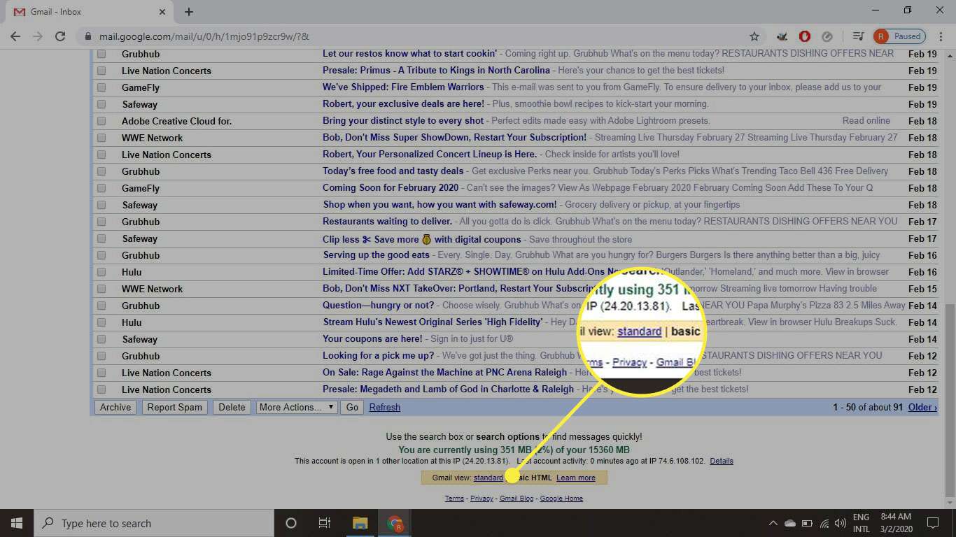 En skärmdump av en Gmail-inkorg med Gmail-visningsalternativet markerat
