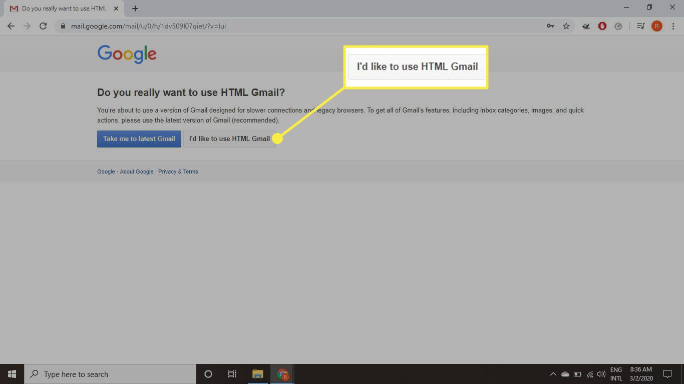 En skärmdump av Gmail-hemsidan med "Jag vill använda HTML Gmail" alternativet markerat