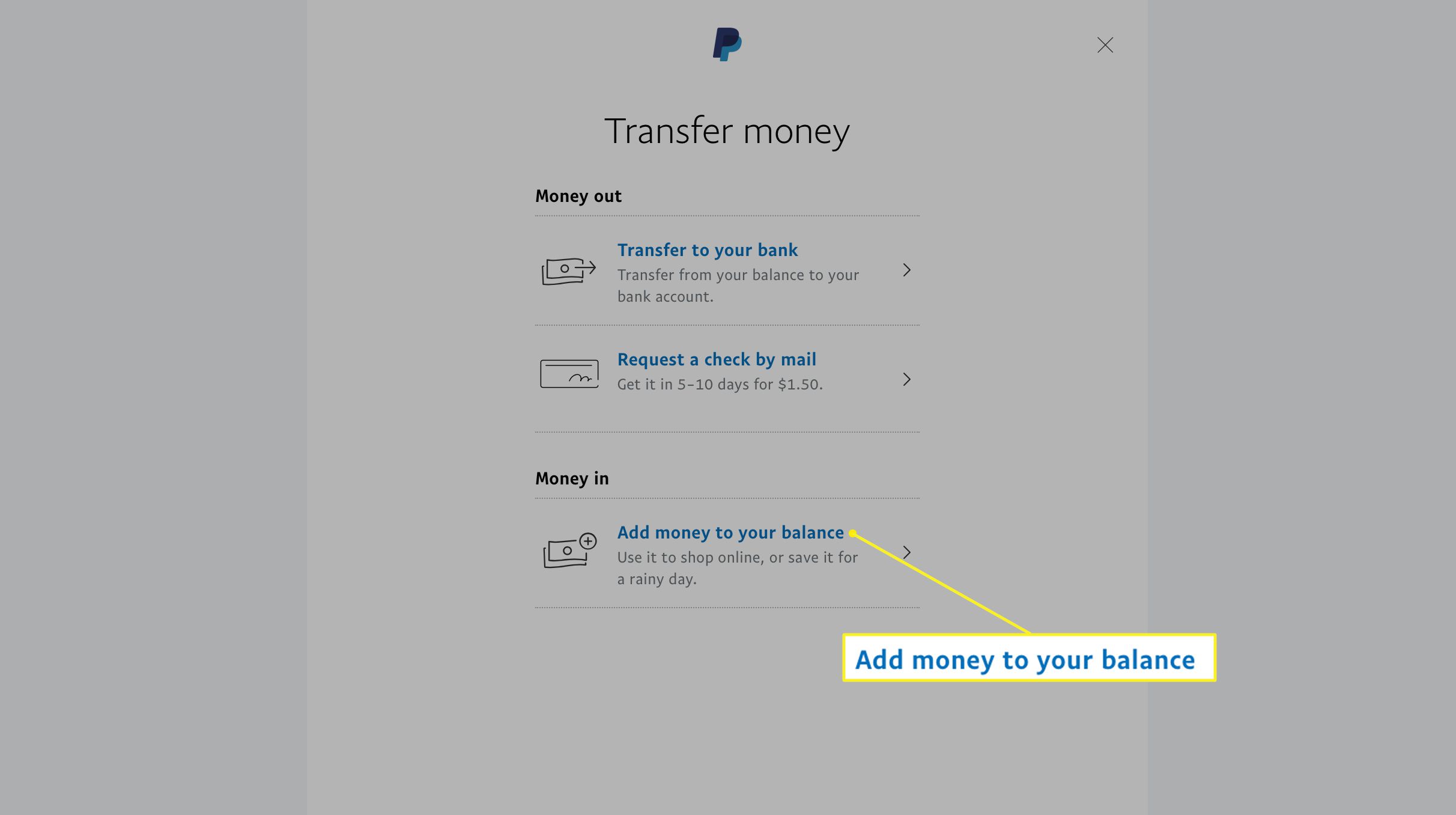PayPal med Lägg till pengar i ditt saldo markerat