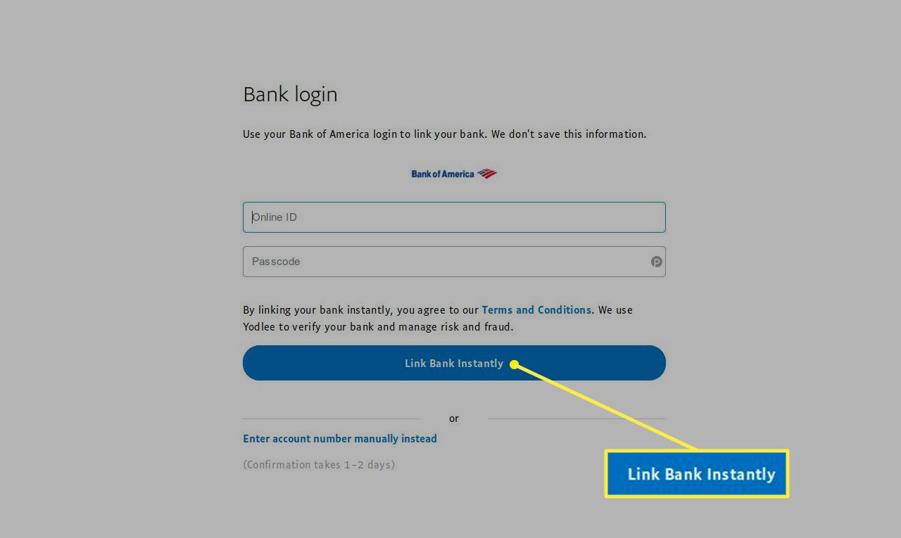 Bankinloggningsskärm på PayPal med Link Bank direkt markerad