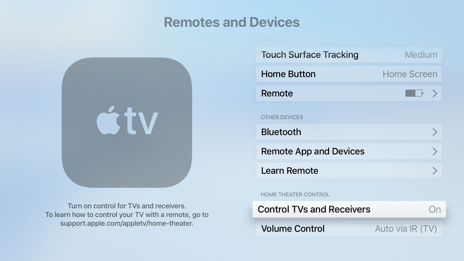 Inställningar som låter Apple TV styra en HDTV