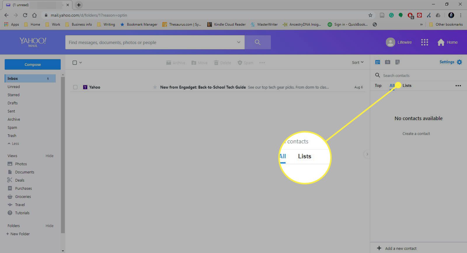 En skärmdump av fliken Kontakter i Yahoo Mail med avsnittet Listor markerad
