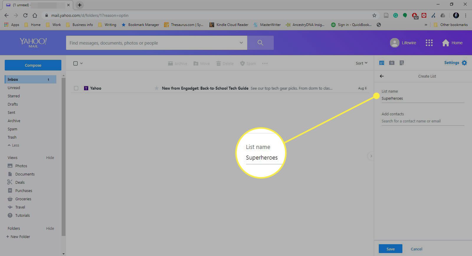 En skärmdump av Yahoo Mail med fältet Listnamn markerat
