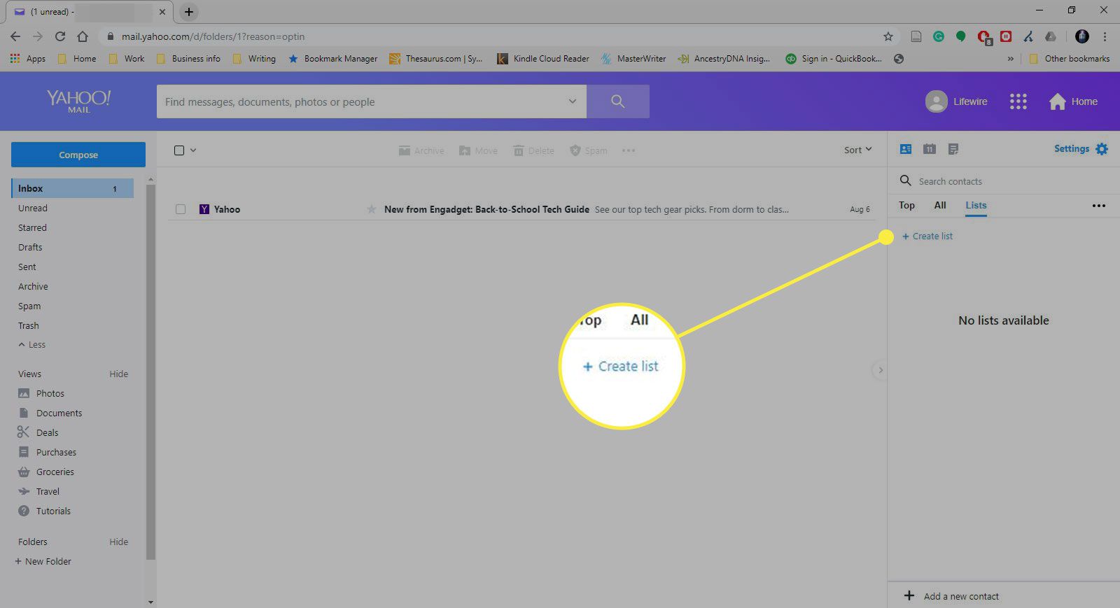 En skärmdump av Yahoo Mail med kommandot Skapa lista markerad