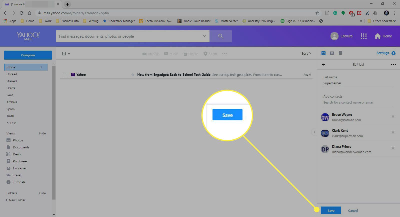 En skärmdump av en lista i Yahoo Mail med knappen Spara markerad