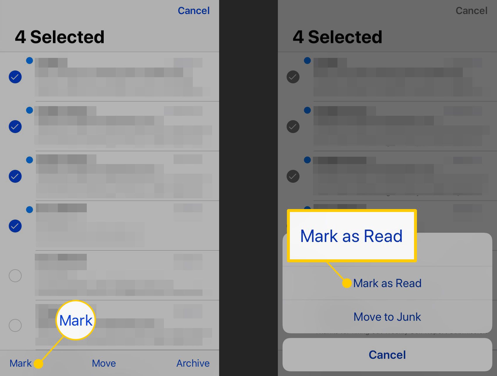 Markera e-postmeddelanden som lästa på en iPhone