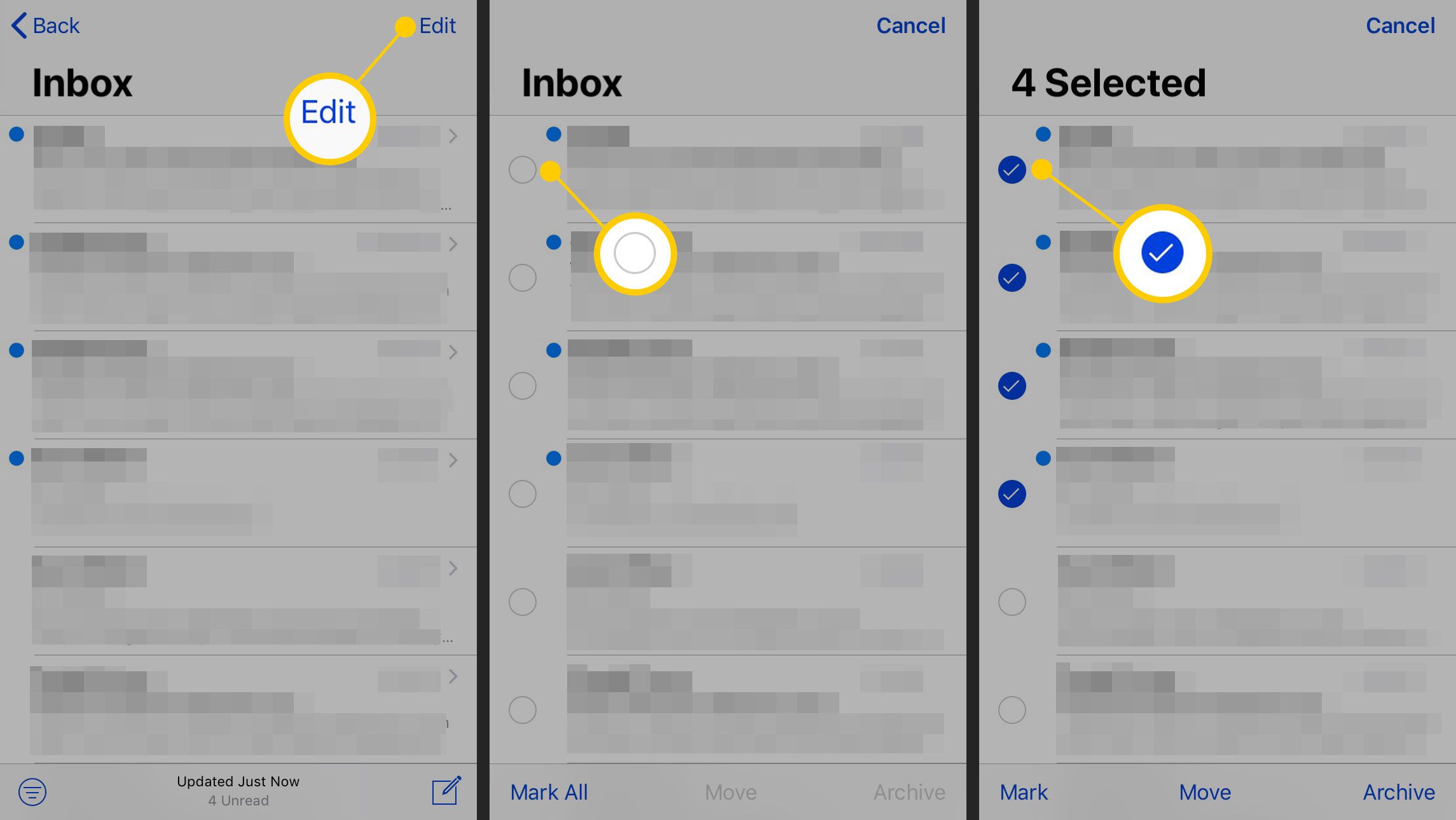 Välja e-postmeddelanden för att redigera på en iPhone