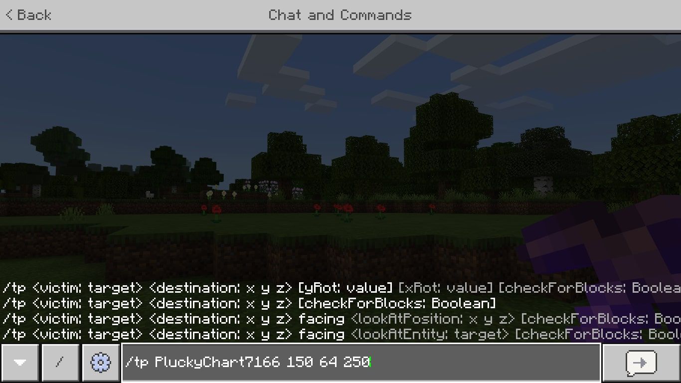 TP-kommandot i Minecraft-chattfönstret