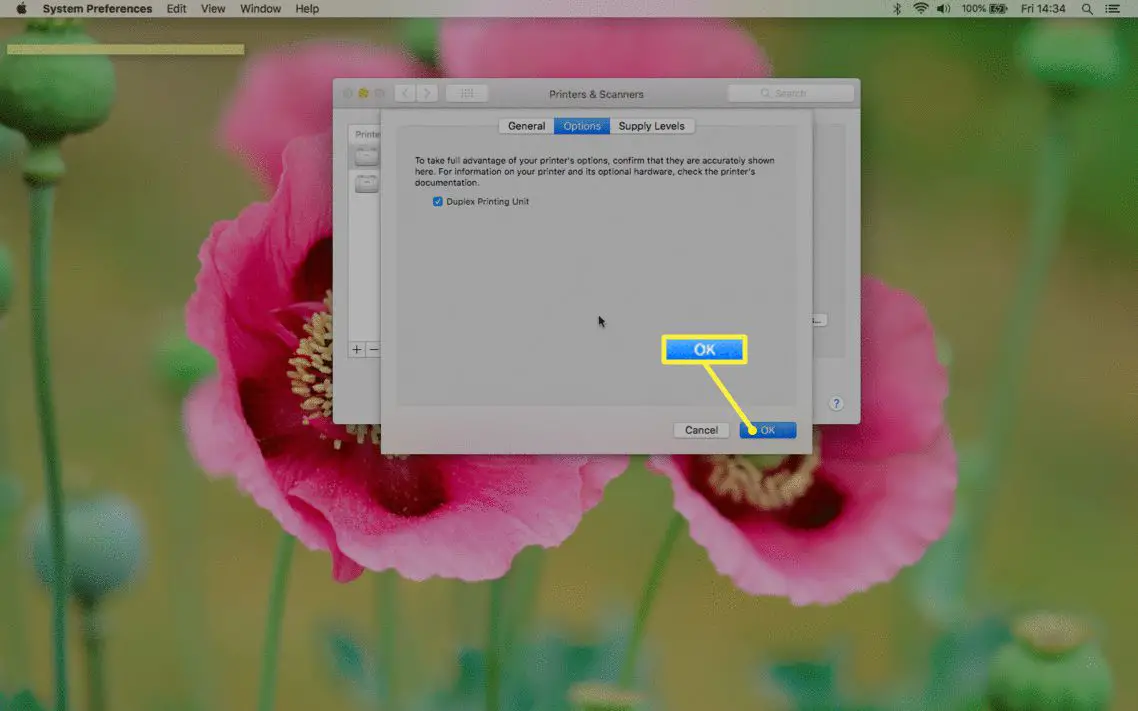 Inställningar för Mac-skrivare och -skannrar med OK markerat