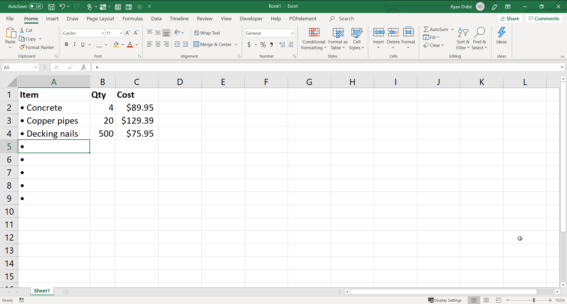 Skärmdump för att fylla i en punktlista i Excel