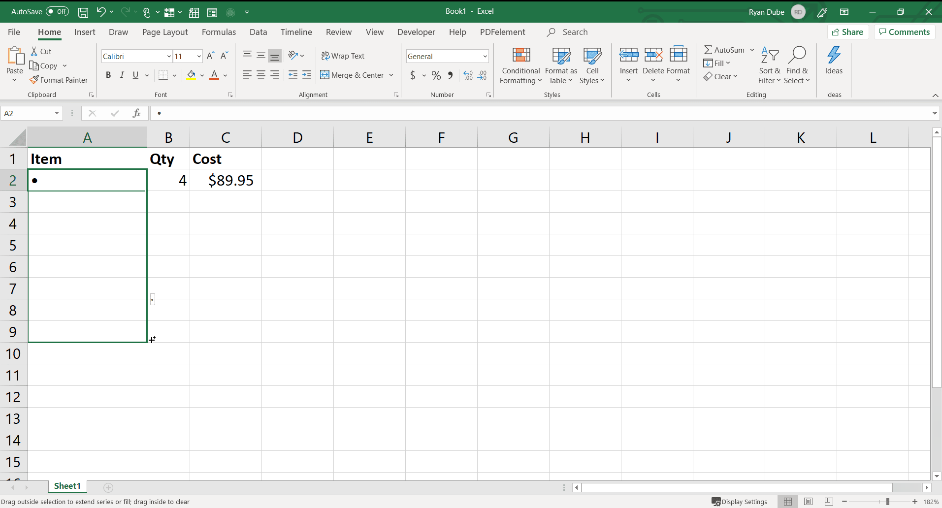 Skärmdump av att fylla celler med punktpunkter i Excel