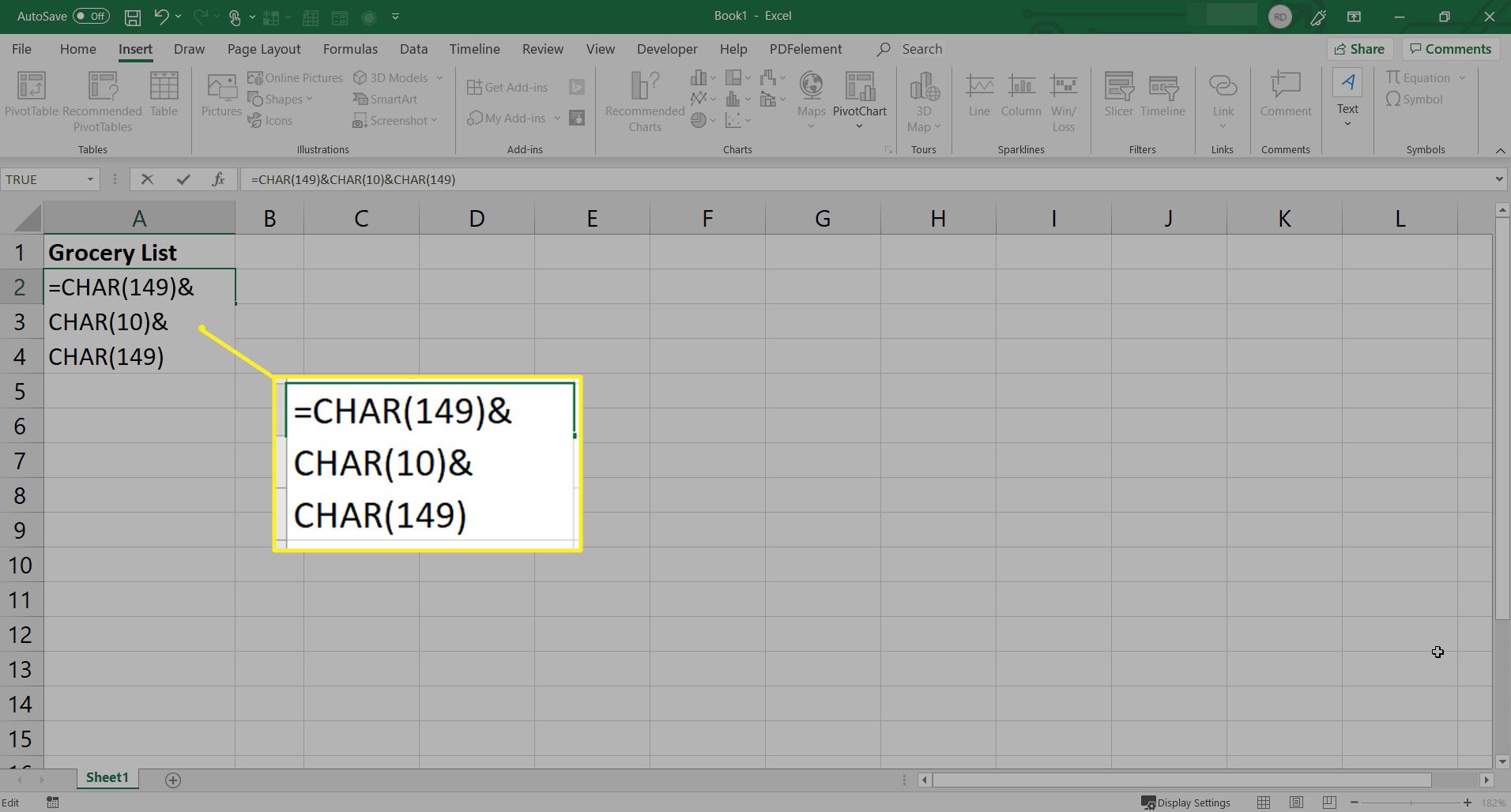 Använd CHAR-funktionen för att infoga kulor i Excel