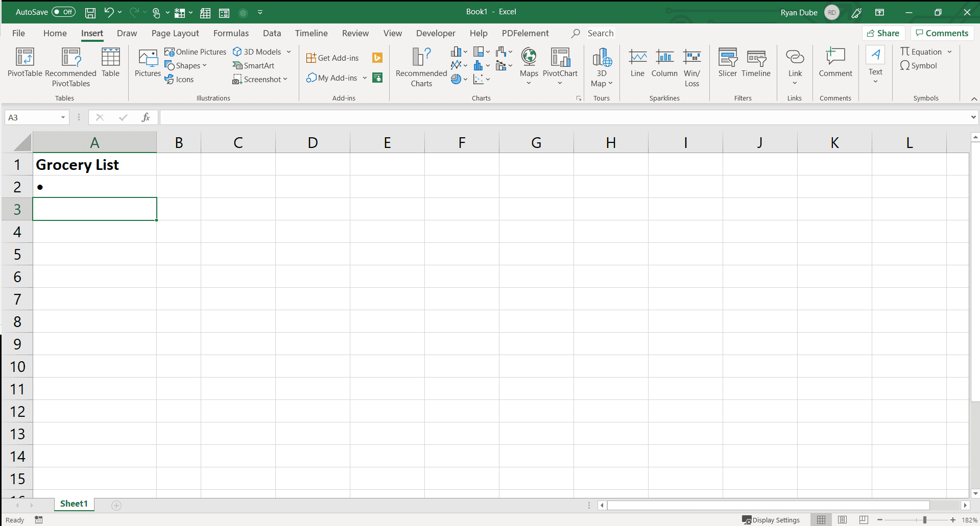 Skärmdump av en infogad punkt i Excel