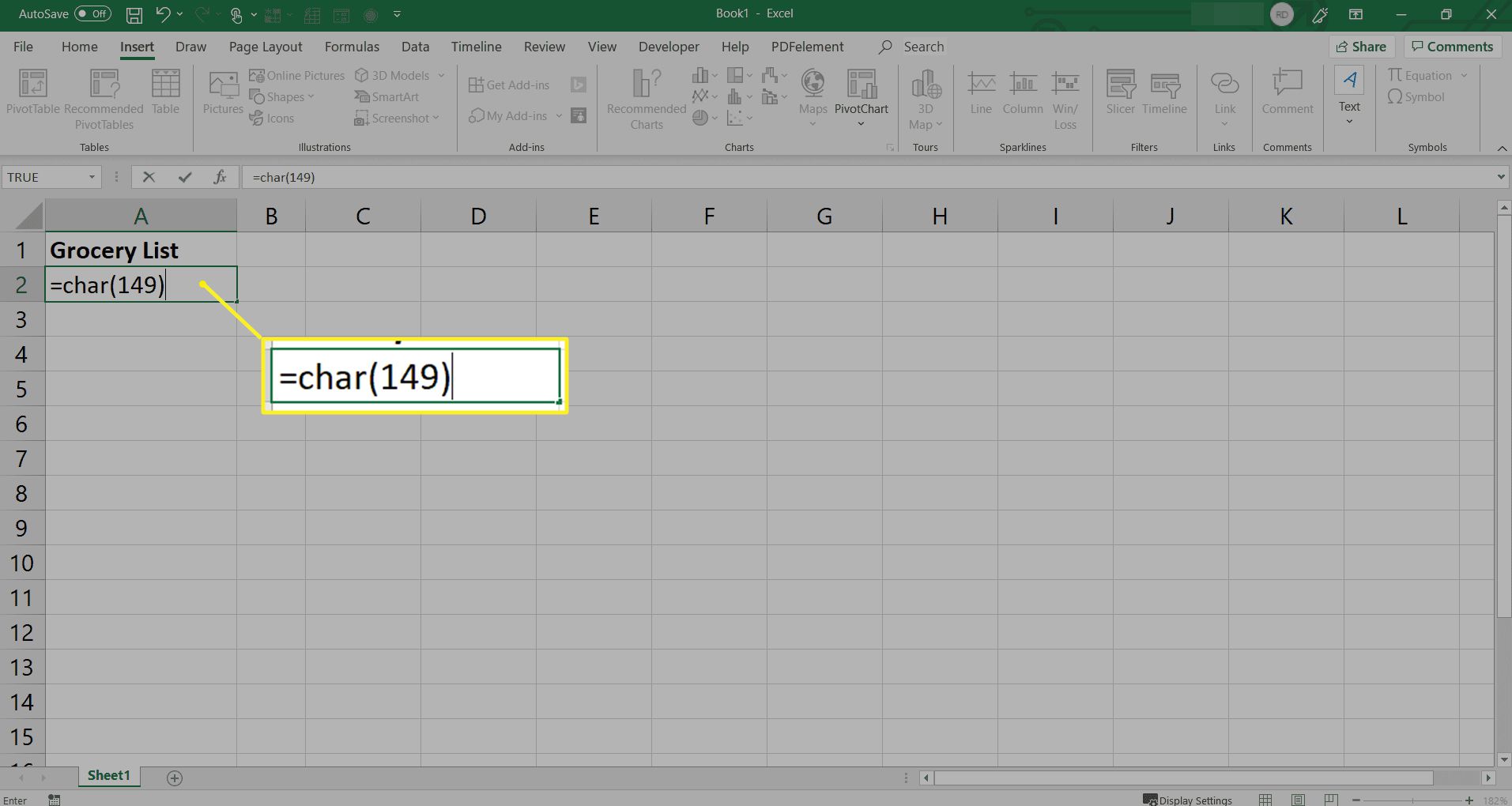 Använd en formel för att infoga en kula i Excel
