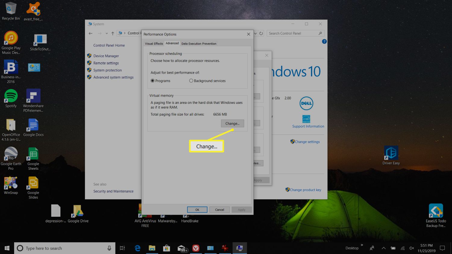 Ändra-knapp för att ändra vitalt minne i Windows