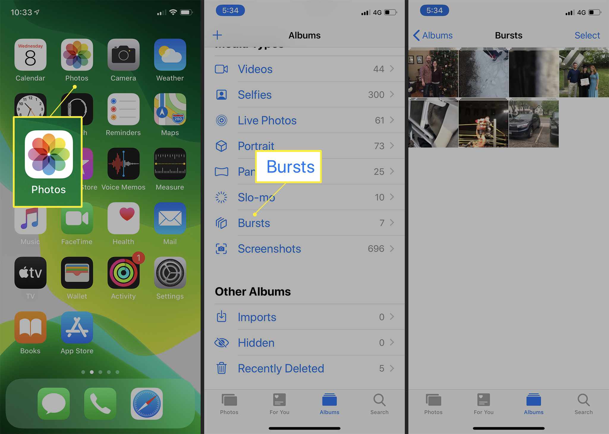 iPhone som visar Bursts-album i Photos-appen