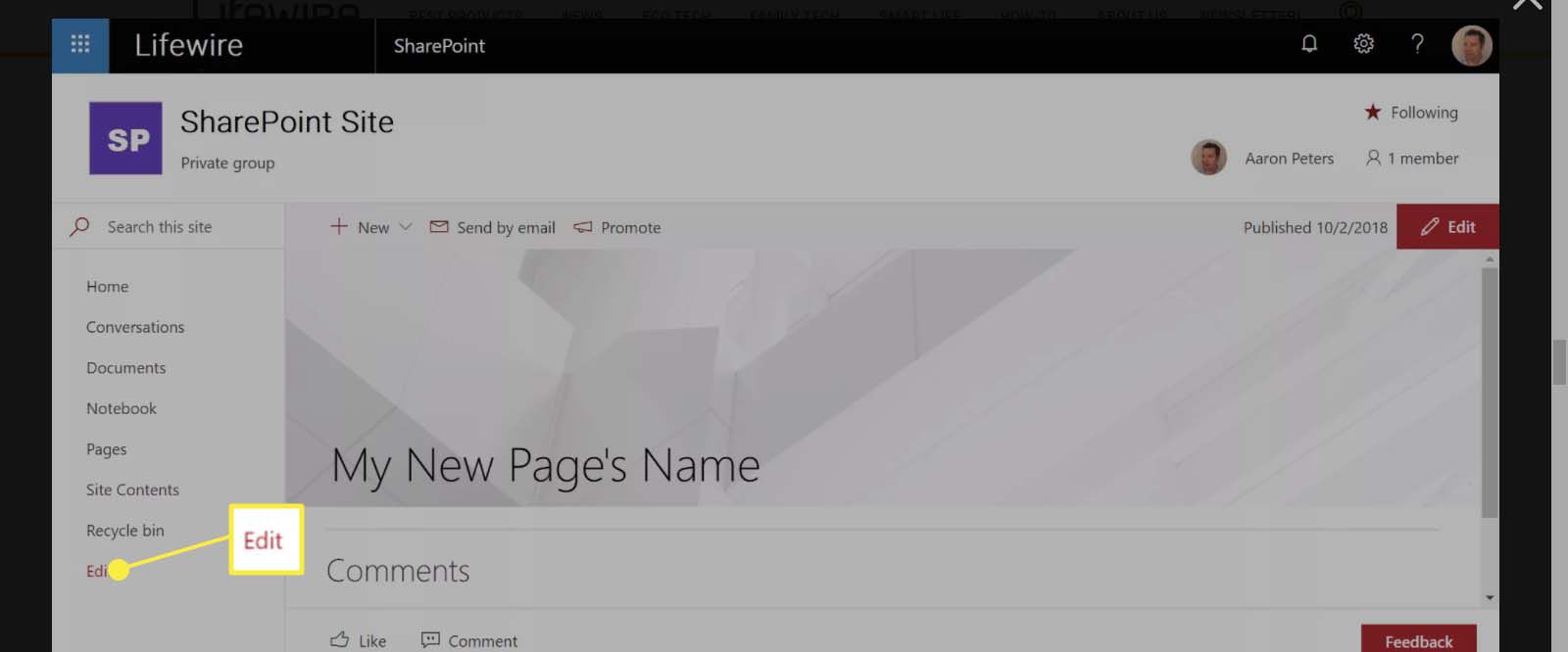 I SharePoint Site-fönstret väljer du "Redigera" i den vertikala vänstra rutan.