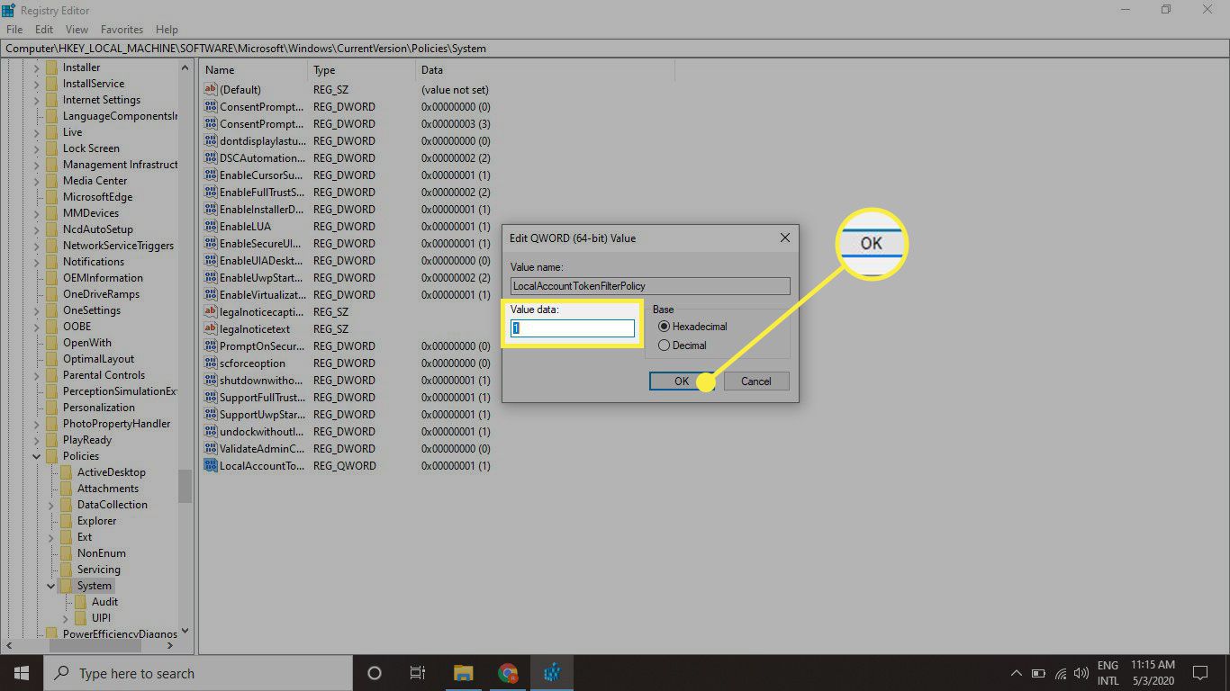 En skärmdump av Windows-registret med Numeriskt värde och OK-knappen markerad