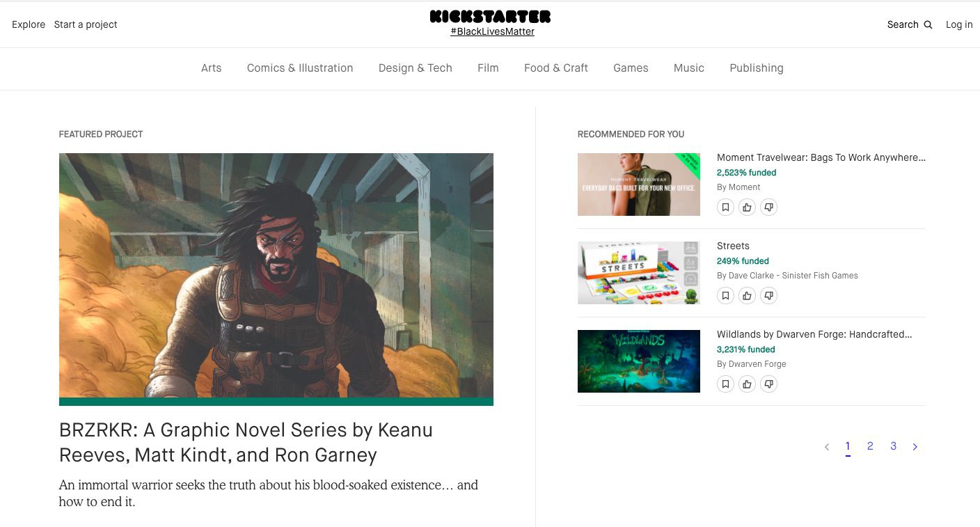 Kickstarter-hemsida med kategoriflikar högst upp