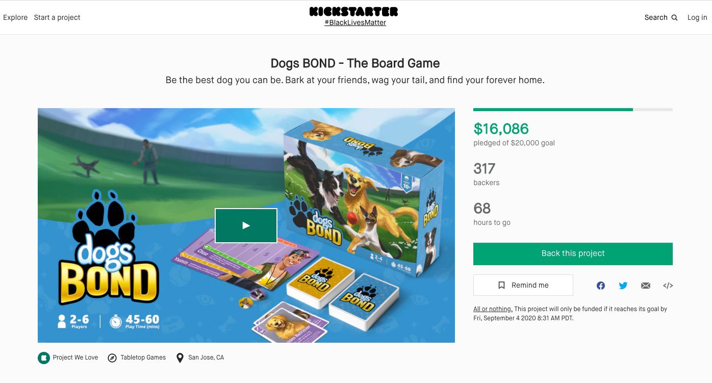 Kickstarter-projektsida som visar en grön Tillbaka Detta projekt-flik