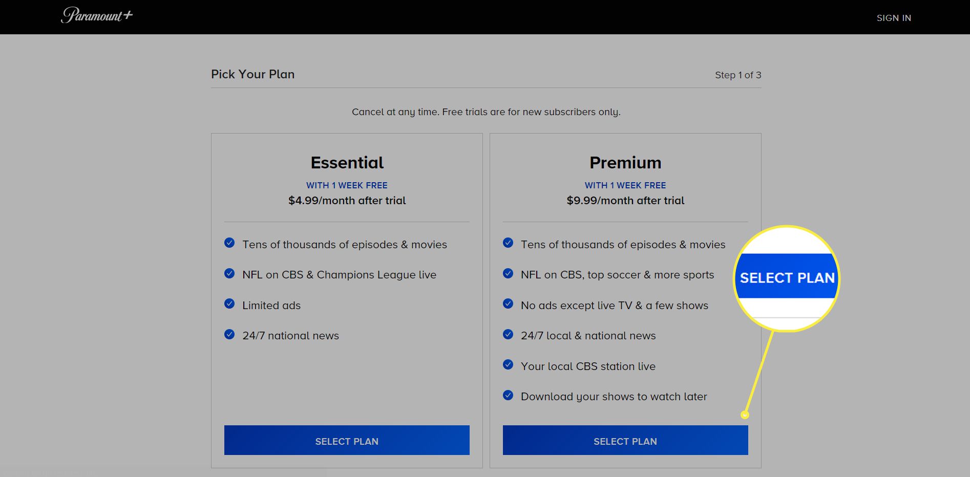 Paramount + Välj din plan-sida med 'Välj plan' markerad under Premium-planen.