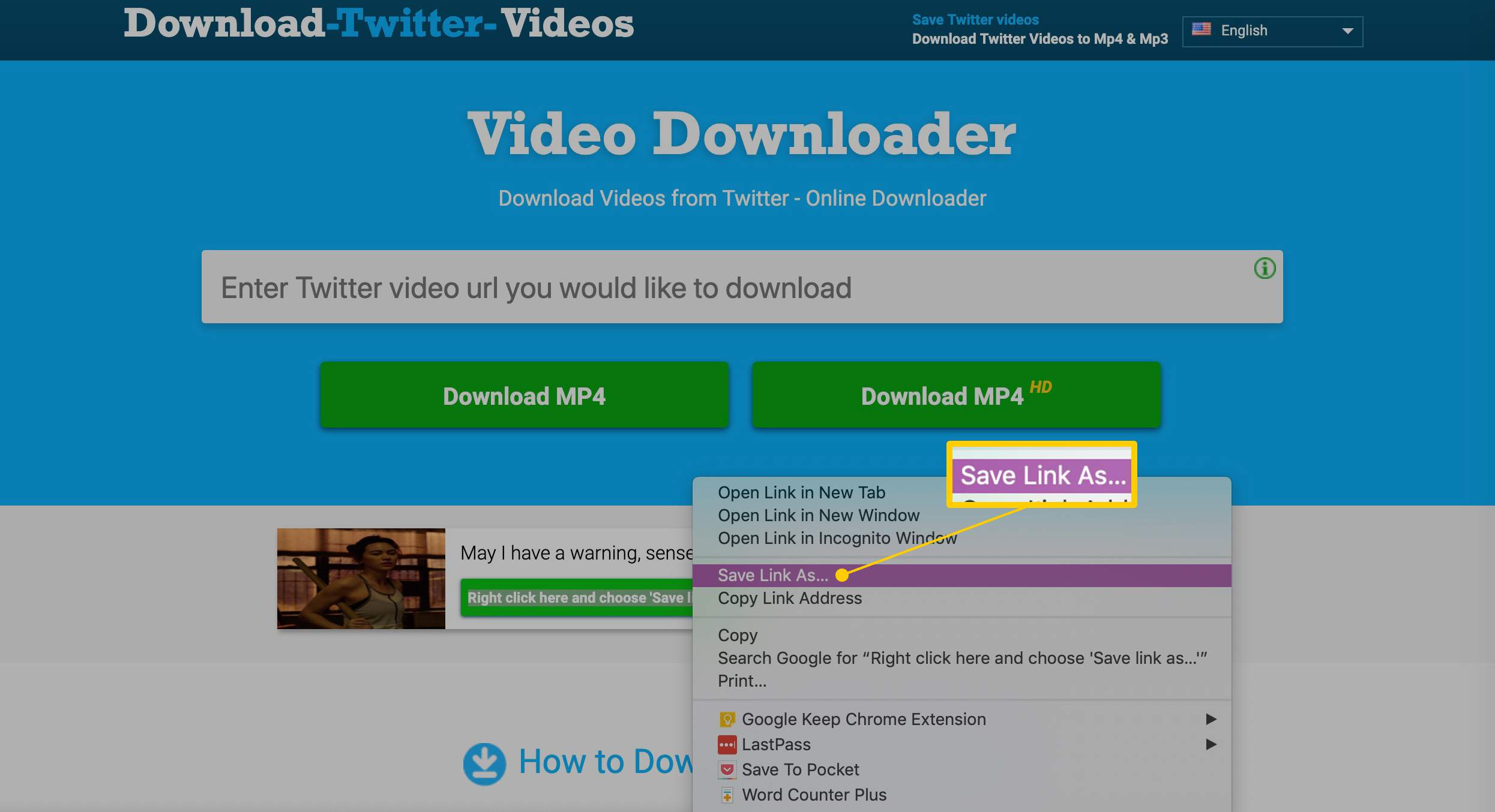 Spara länk som menyalternativ på Video Downloader-sidan