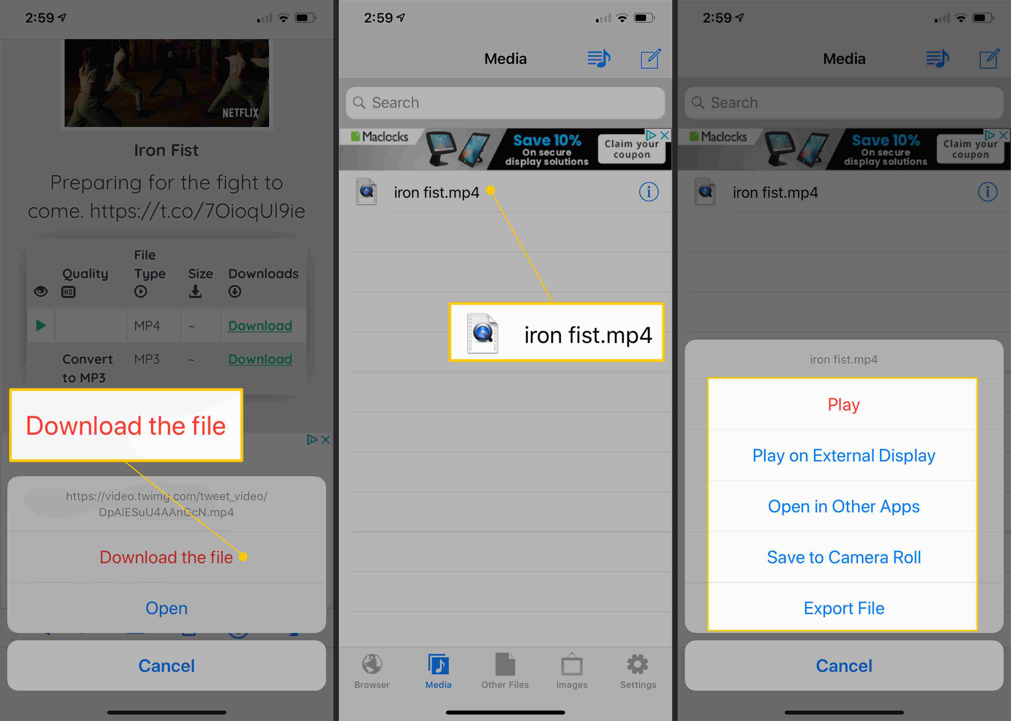 Ladda ner filen, MP4-filen, Spelaalternativ på iOS