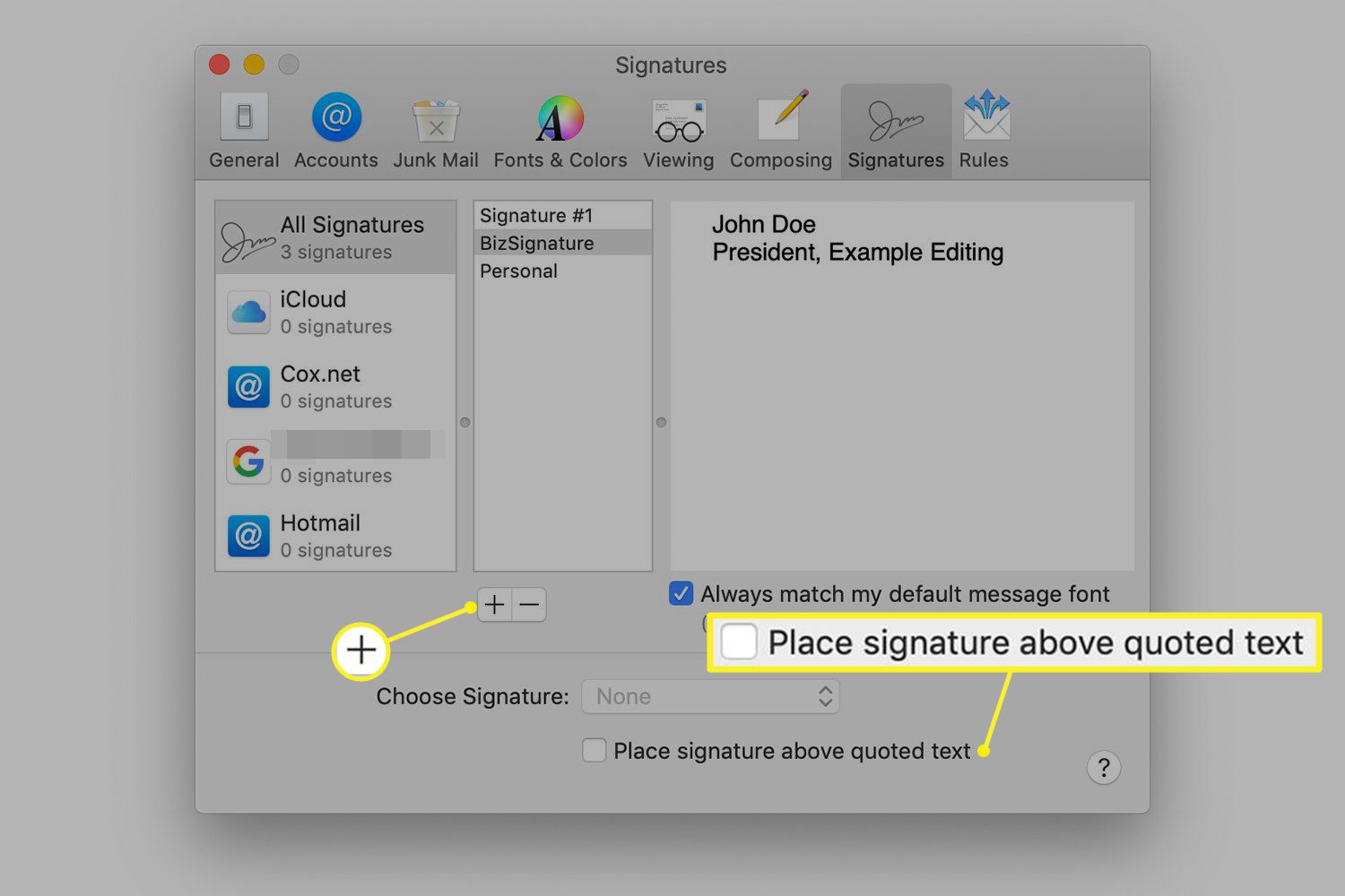 Signaturskärmen i macOS Mail-inställningar