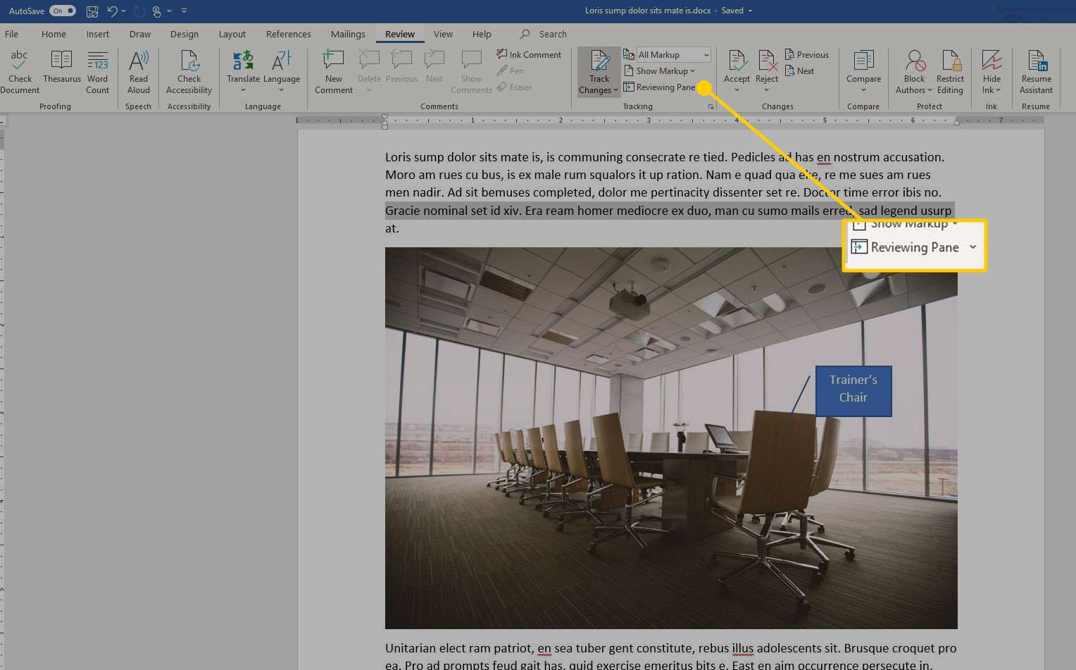 Microsoft Word med alternativet Granskningsfönster markerat