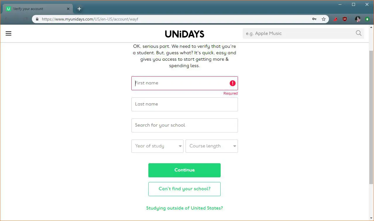 En skärmdump av Unidays-registreringsprocessen.